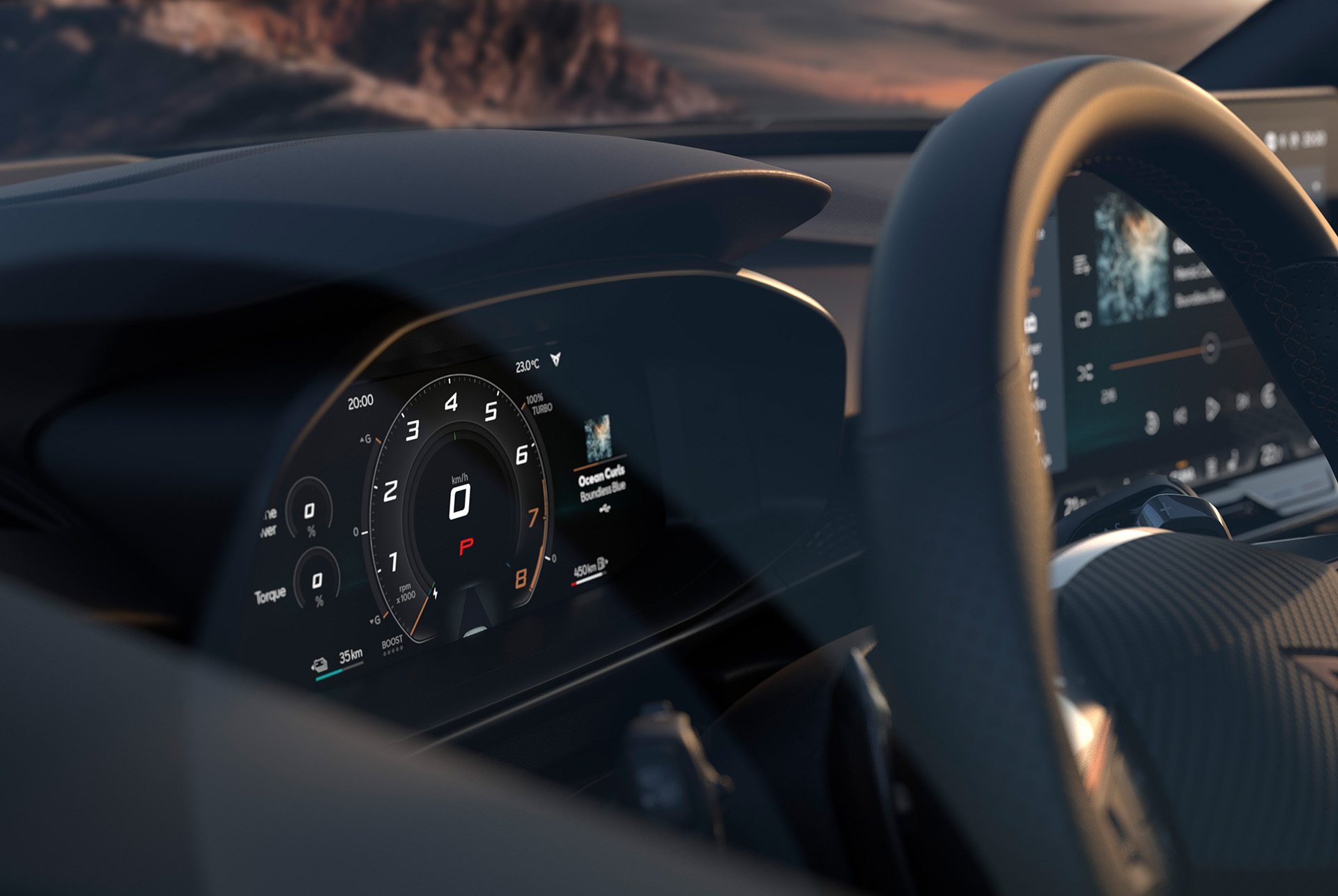 Blick von hinter dem Lenkrad auf die Armaturenbrettanzeige des CUPRA Terramar, digitales Cockpit mit 10.25"-Display, Teil des modernen Infotainmentsystems.