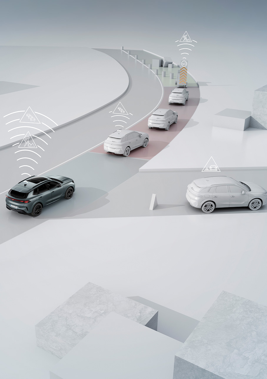 Démonstration de la technologie de communication CAR2X dans la CUPRA Terramar. Elle montre comment le véhicule communique avec d’autres véhicules et éléments d’infrastructure afin d’améliorer la sécurité et l’efficacité dans la circulation routière.